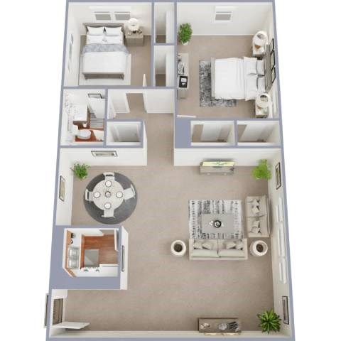 A floor plan of a small apartment with a bedroom, living room, kitchen, and bathroom.